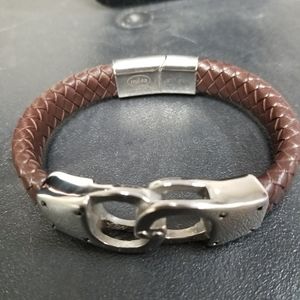 Brown leather band with stainless steel handcuffs